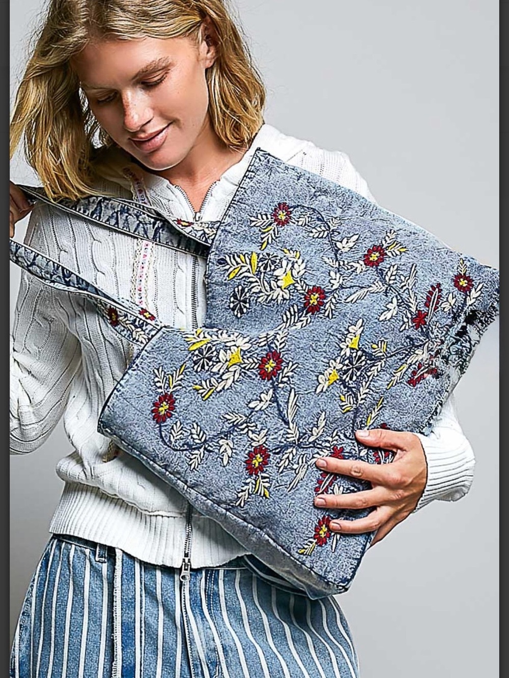POL Embroidered Denim tote with Floral Accents - Blue, Yellow, Red
